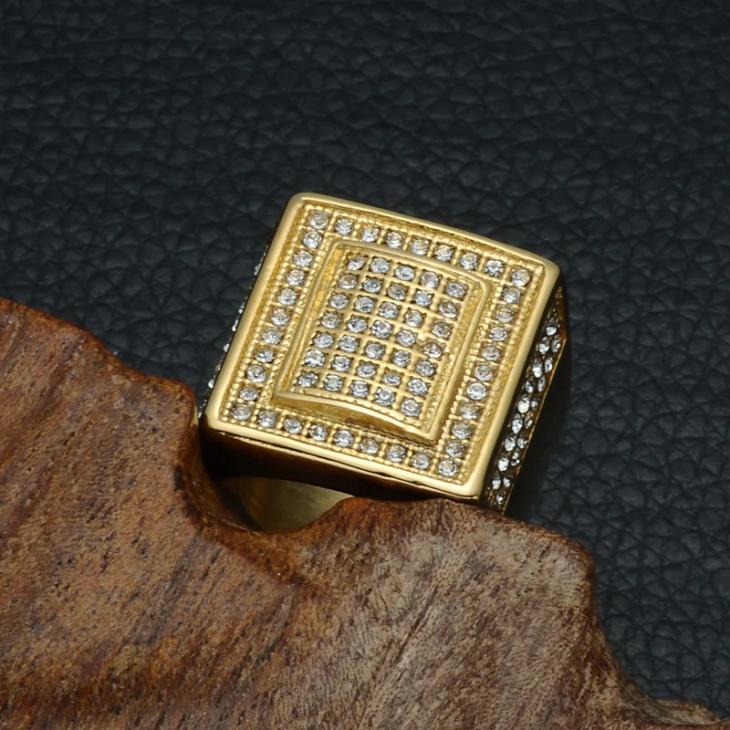 HIP Hop Titanium Micro Pave Crystal Chunky Square Mens Ring Iced Out Bling IP Gold Filled Thick Rings for Men Jewelry | Украшения и