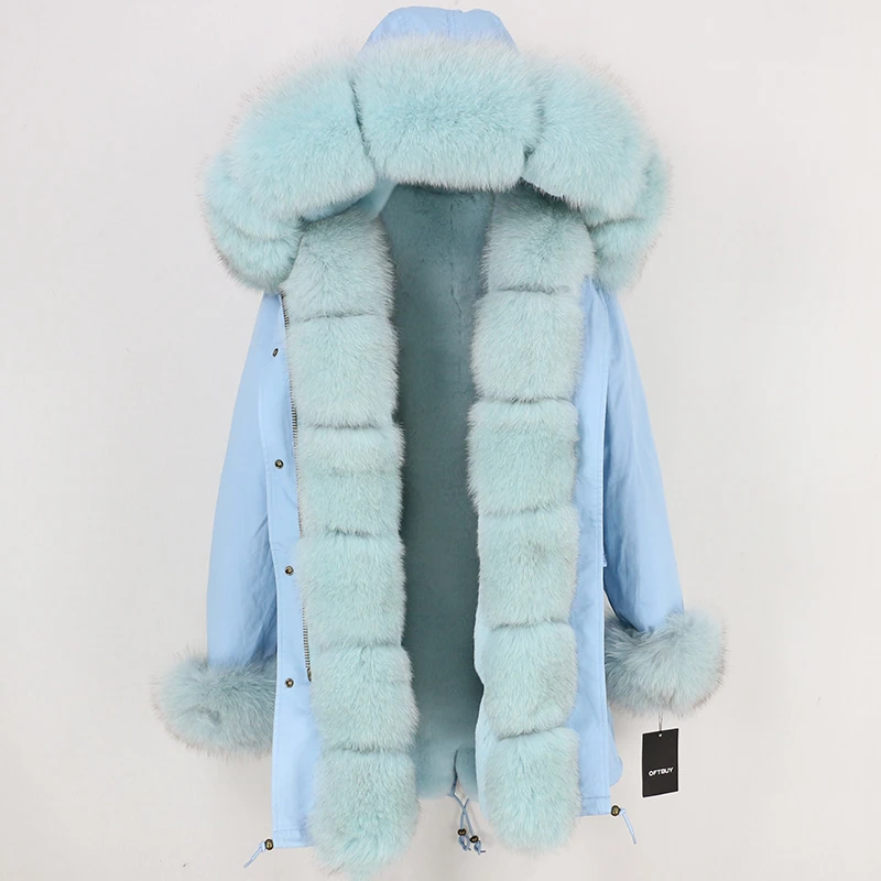 full light blue OFTBUY парка, зимняя куртка, женское меховое пальто, натуральный Лисий мех, воротник, Толстая теплая длинная парка, Большая Меховая верхняя одежда, съемная - Цвет: full light blue
