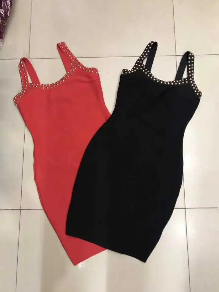 

2019 New Summer Women Red black V-Neck Sleeveless Beading dress Vestido Celebrity Evening Party Bodycon Bandage Dresses