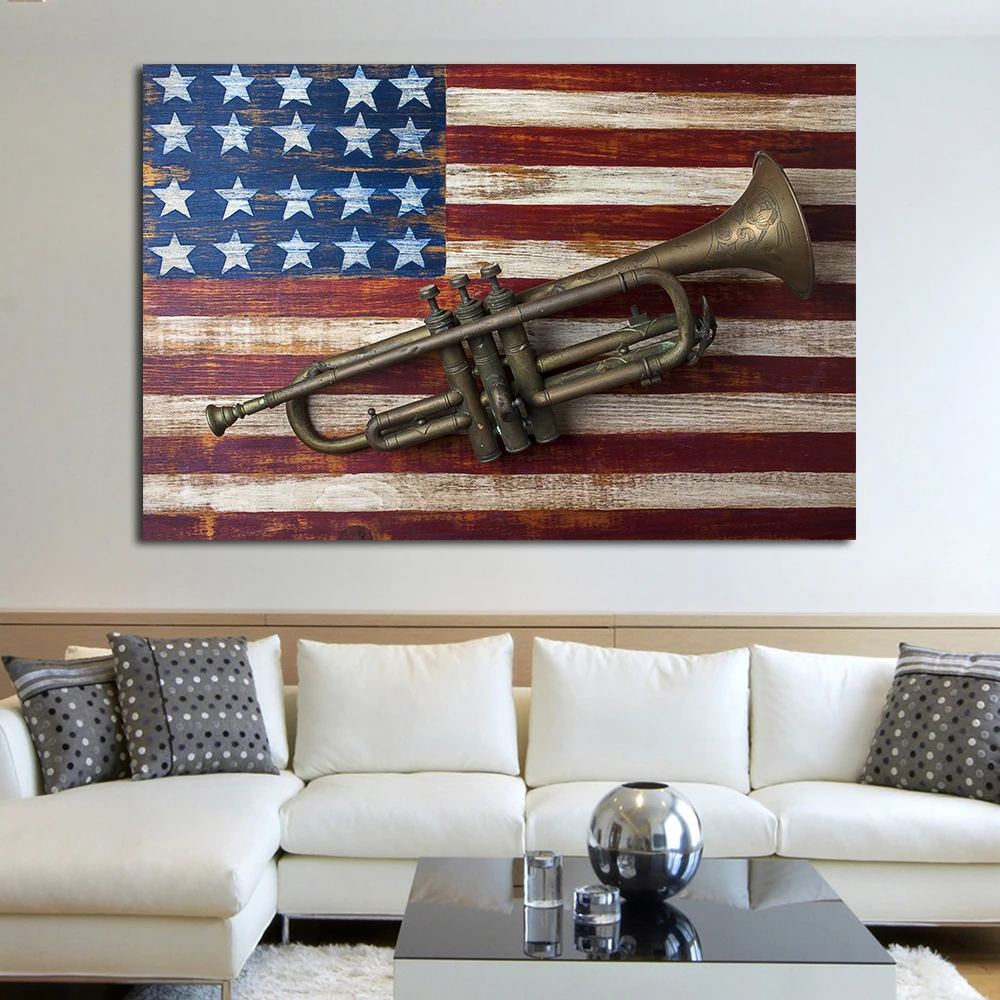 JQHYART Canvas Wall Art Old Trumpet On American Flag Photograph Painting Pictures For Living Room Home Decor No Frame | Дом и сад