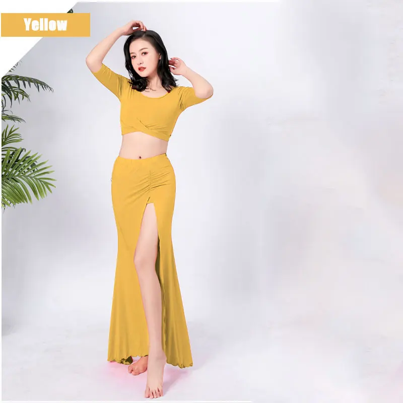 Yellow Костюм для занятий танцами живота Женская одежда 10 цветов Модальная Одежда для танцев 2 шт. для танца живота Восточная - Цвет: Yellow