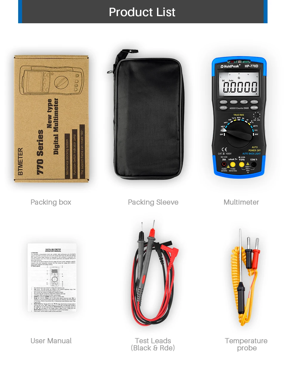Multimetro HoldPeak HP-770D цифровой мультиметр с автоматическим диапазоном истинных RMS/частота/температура тест и сумка для переноски