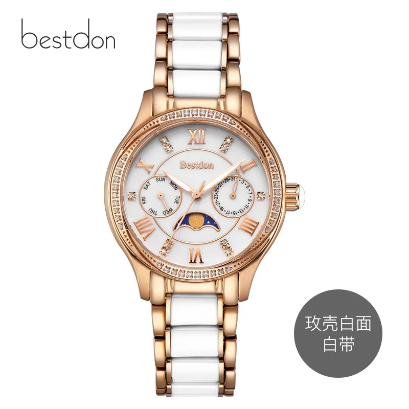 Rose-white-white Bestdon, женские часы с бриллиантами, Лидирующий бренд, роскошные модные кварцевые наручные часы с фазой Луны, керамические водонепроницаемые часы, Прямая поставка - Цвет: Rose-white-white