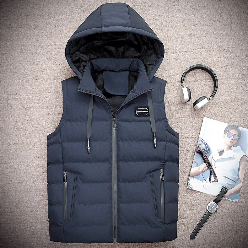 Mwxsd Brand winter men's warm hooded vest men thick sleeveless waistcoat plus cotton male solid fur zipper jacket | Мужская одежда