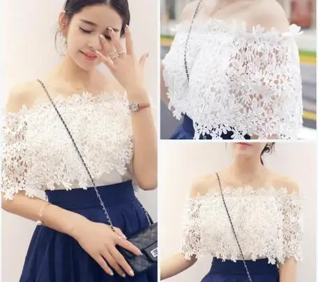 Новинка 2017 летняя модная кружевная блузка с открытыми плечами цветочным