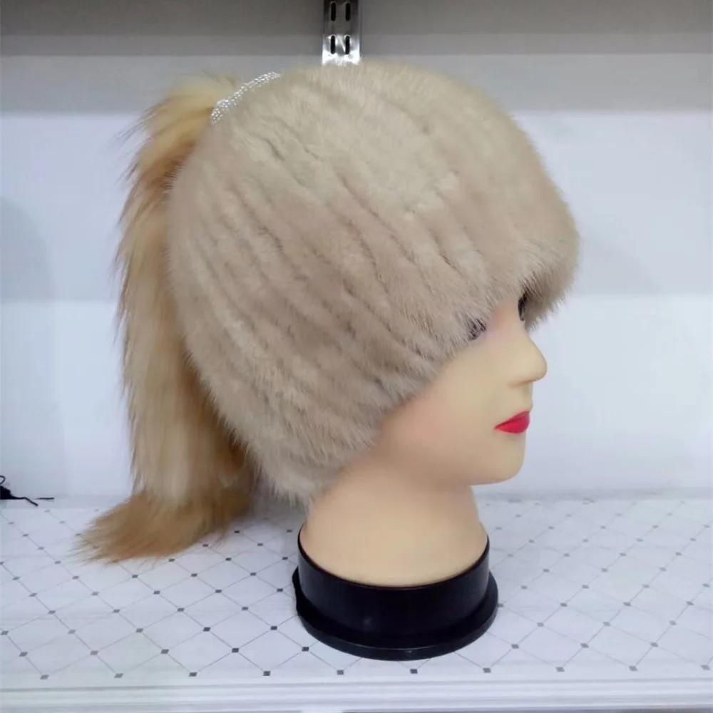 Для женщин меховая шапка шапочка натуральный норки Вязание русский женские