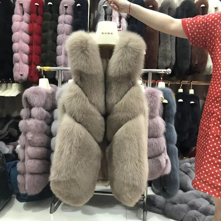 khaki S-3XL размера плюс, теплая шуба из искусственного лисьего меха, женская зимняя Модная брендовая шовная шуба без рукавов, Толстая Шуба, меховой жилет, верхняя одежда wq683 - Цвет: khaki