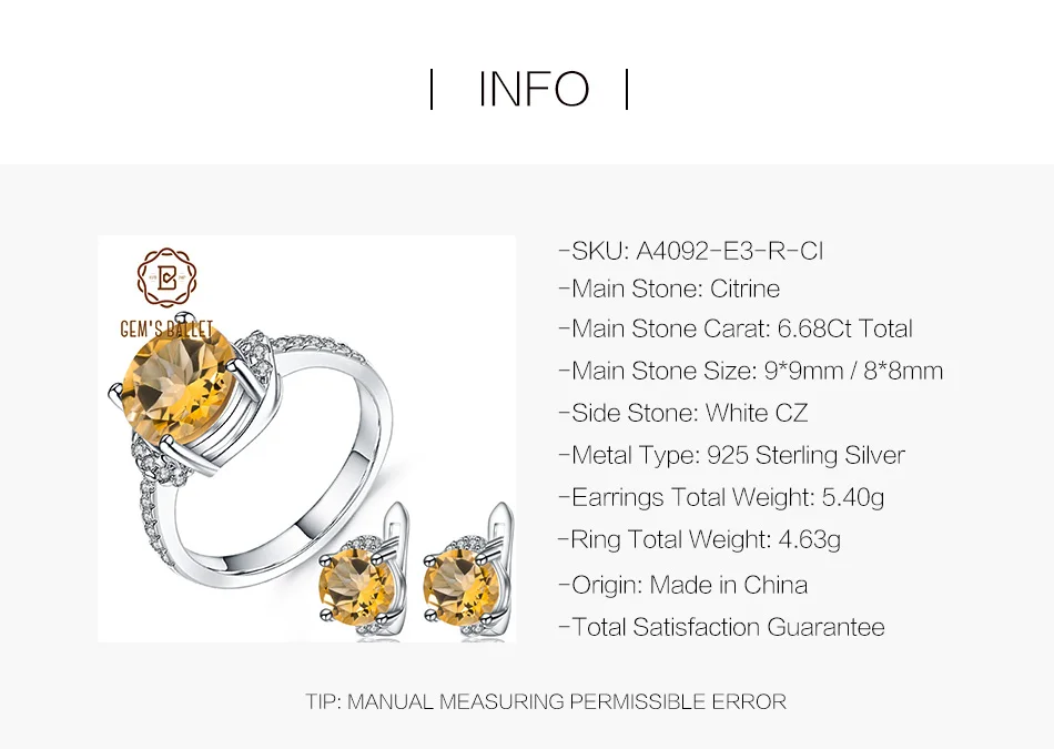 GEM'S балетные круглые 6.68Ct натуральные цитриновые серьги набор колец Классический 925 пробы Серебряный Драгоценный Камень Свадебный набор украшений для женщин