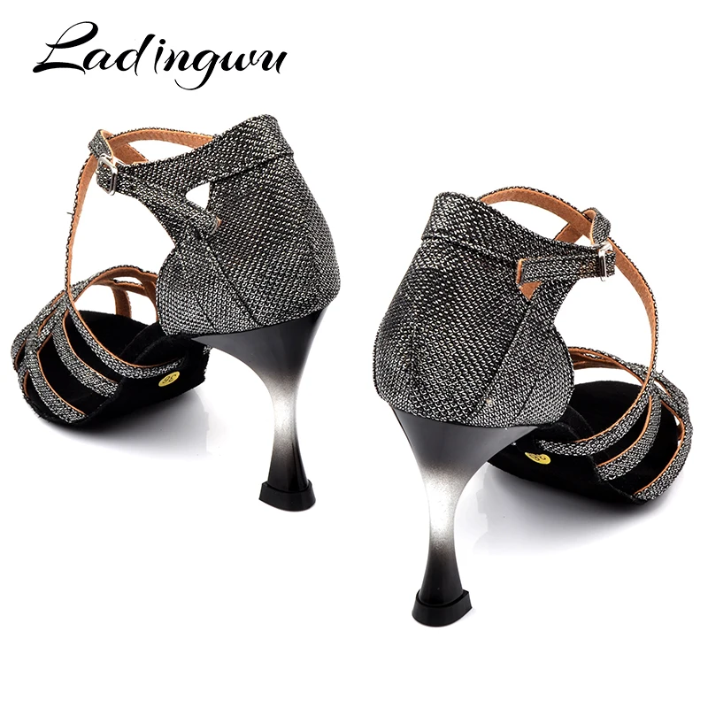 Ladingwu Brands Dance Shoes Women Gray Glitter Salsa Dance Shoes Gradient Gold Plated Heel 7.5cm 9cm Latin Dancing Shoes Sandals