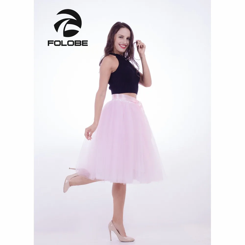 FOLOBE розовый 7 слоев миди тюль юбка пачка юбки женские юбочки эластичный пояс faldas
