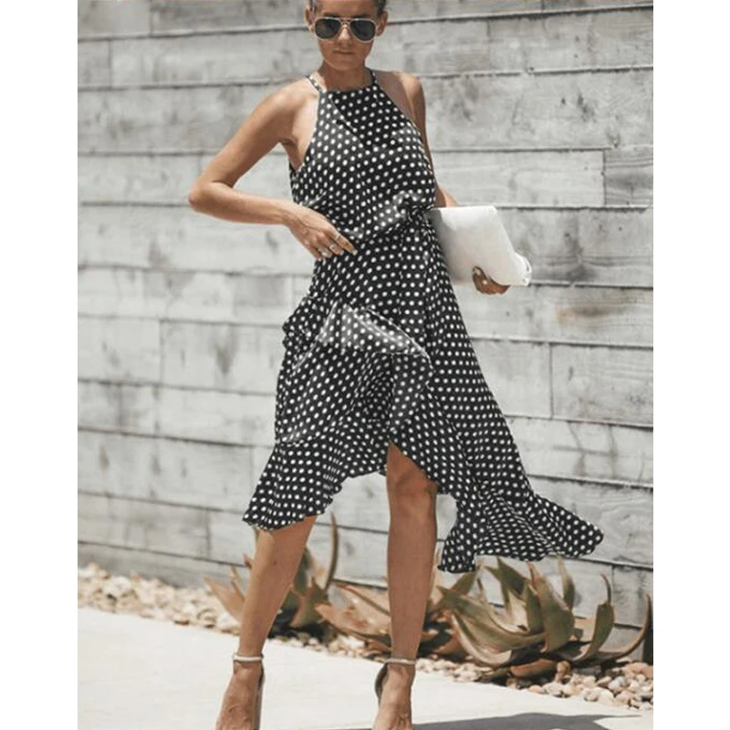 Женское офисное платье-комбинация в горошек длинное черное пляжное платье