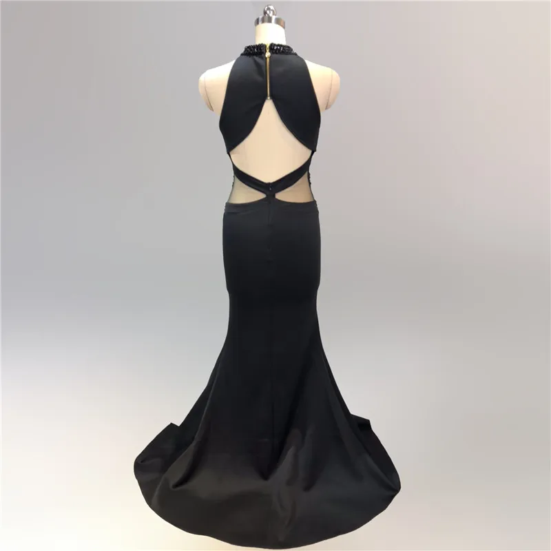 Черное роскошное бриллиантовое Открытое вечернее платье без рукавов в стиле