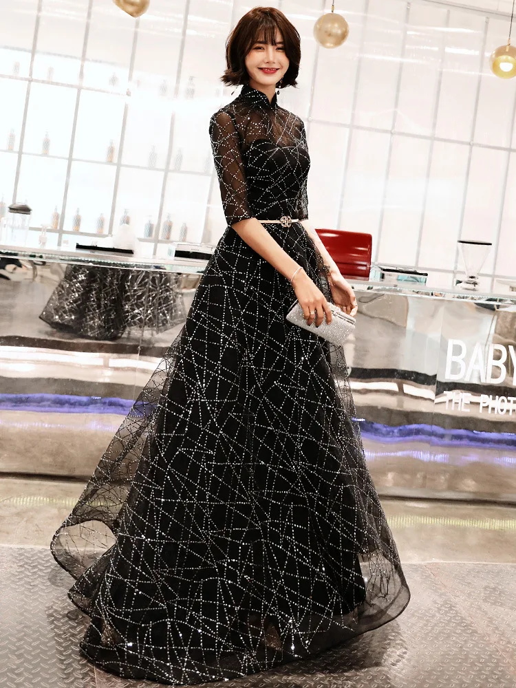 Beauty Emily Elegant Evening Dresses Black Sequined A Line Sexy Illusion Stain Heavy Beaded Formal Dress with Sashes | Свадьбы и