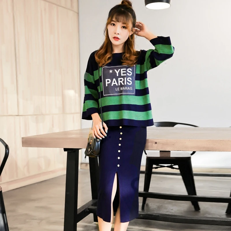 Модный трикотаж комплекты из 2 предметов женщины на осень зиму вязать Бат свитер