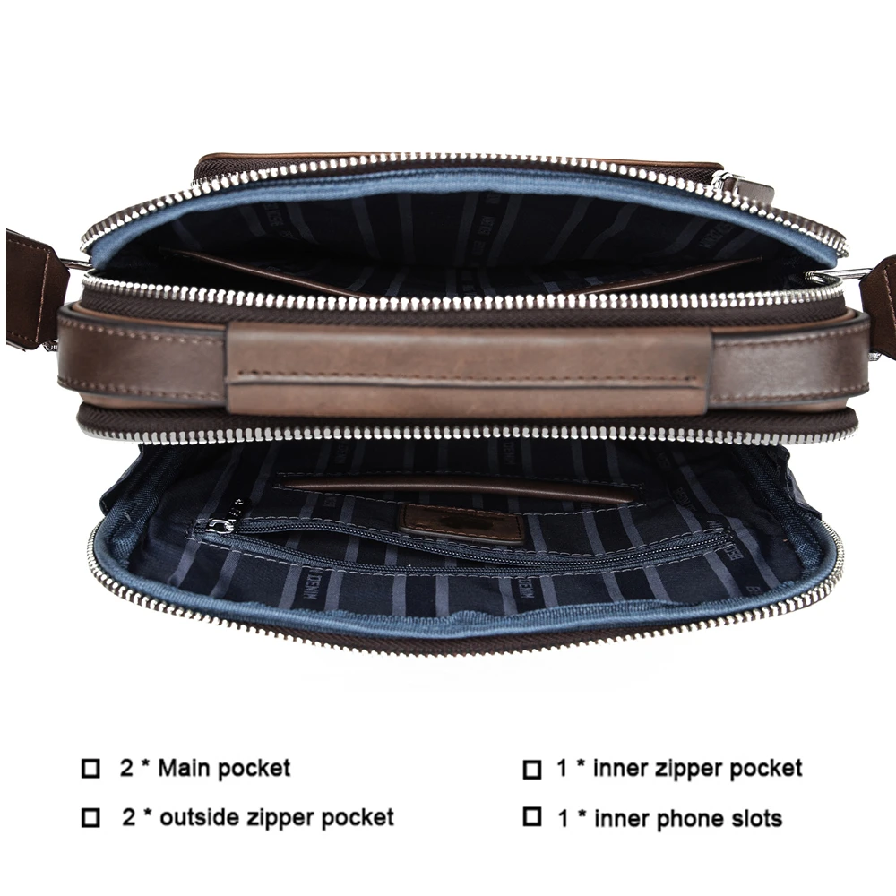Мужская сумка через плечо BISON DENIM модная деловая из натуральной кожи на молнии для