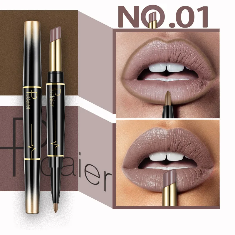 Color 01 Pudaier, 1 шт., 16 цветов, двойная головка, модный карандаш для губной помады, водостойкий макияж, полуматовый карандаш для губ, бархатные Жидкие помады - Цвет: Color 01