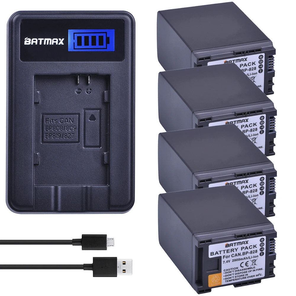 

4 шт., аккумулятор 2900 мАч BP-828 BP 828 + зарядное устройство USB с ЖК-дисплеем для Canon VIXIA GX10, XF400, XF405, HFG20, HFG30, HFG40, HFM30, HFM31, HFM3