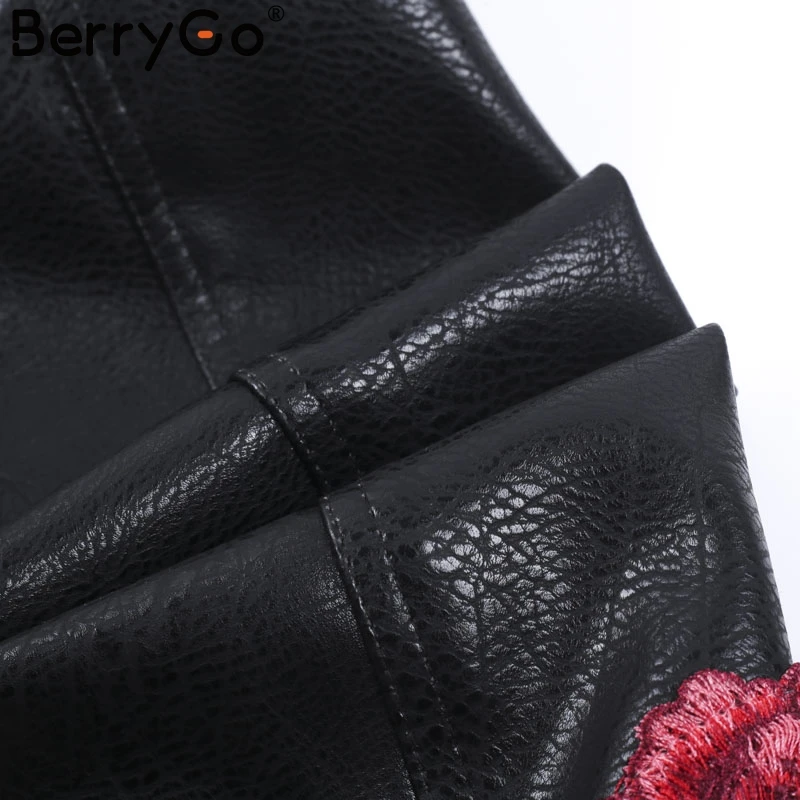 BerryGo/женские Базовые Куртки из искусственной кожи с цветочной аппликацией и заклепками; уличная черная верхняя одежда на молнии; осеннее пальто из искусственной кожи