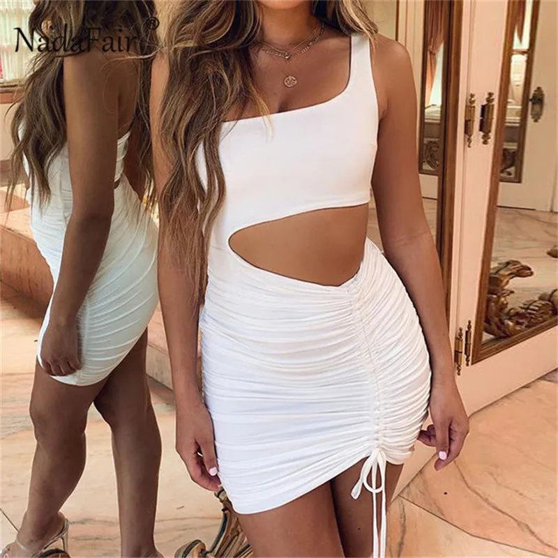 Облегающее платье Nadafair с рюшами на одно плечо ажурные Клубные Пикантные мини