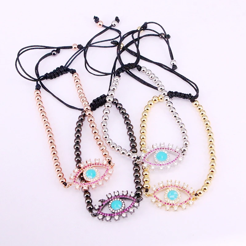 

6PCS, Rope Bracelets 4mm Round Beads Micro Pave Zirconia Eye Braided Macrame Bracelets