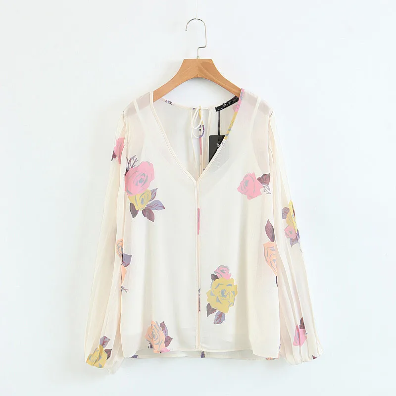 Розовый цветочный шифоновая блузка женские Топы 2 шт. рубашки блузки 2018 В вырезом