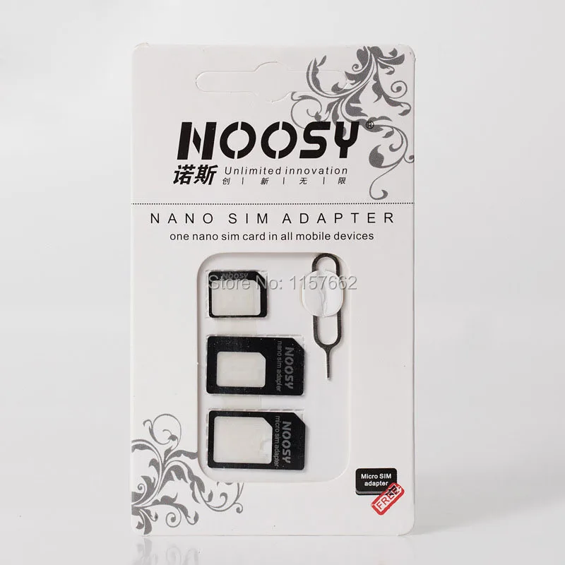 1000 комплектов(4000 шт) 4 в 1 Noosy Nano Micro Sim карта адаптер для извлечения Pin для iPhone 7 6 5 5S для iPhone 6 6plus с розничной коробкой