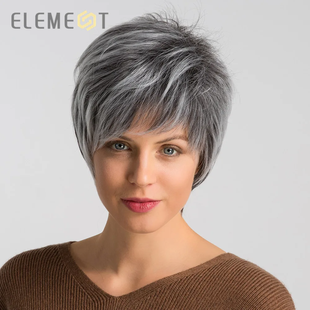 

ELEMENT 6 Inch Short Synthetic Straight Gray Mix White Color Wigs Natural Hairline Party Work Wigs for White/Black Women