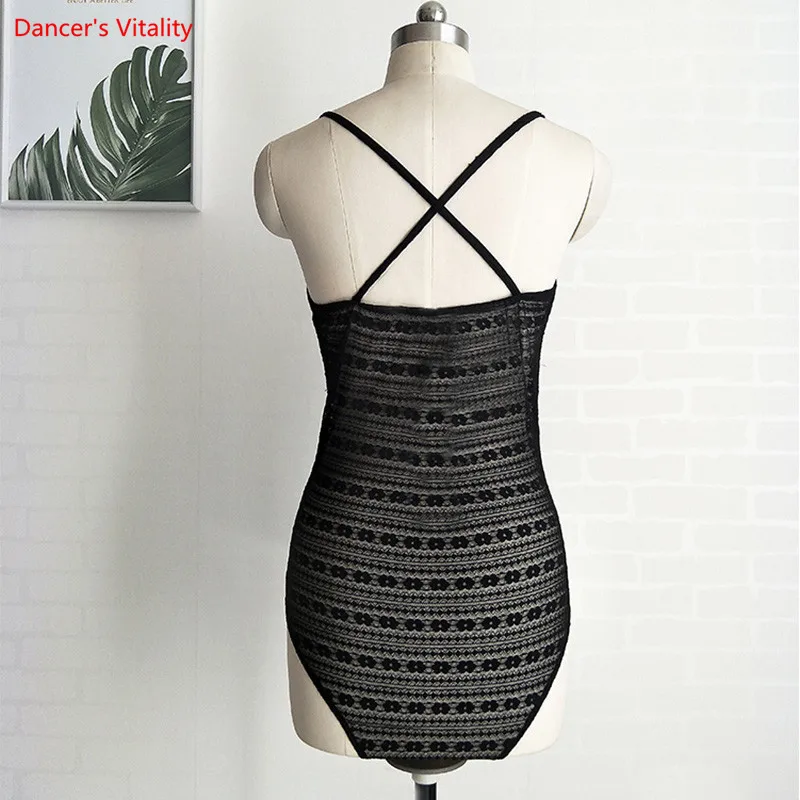 New Women Latin Bodysuit Belly Dance Tops Costume Jumpsuits Water Yarn + Lace Top Black |