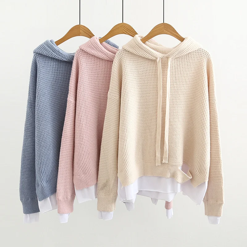 

Women Spring Autumn Patchwork Sweatshirts Sweet Lace-up Drop Shoulder Knitted Hole Hoodies Female Fake Two Pieces Pullover Tops