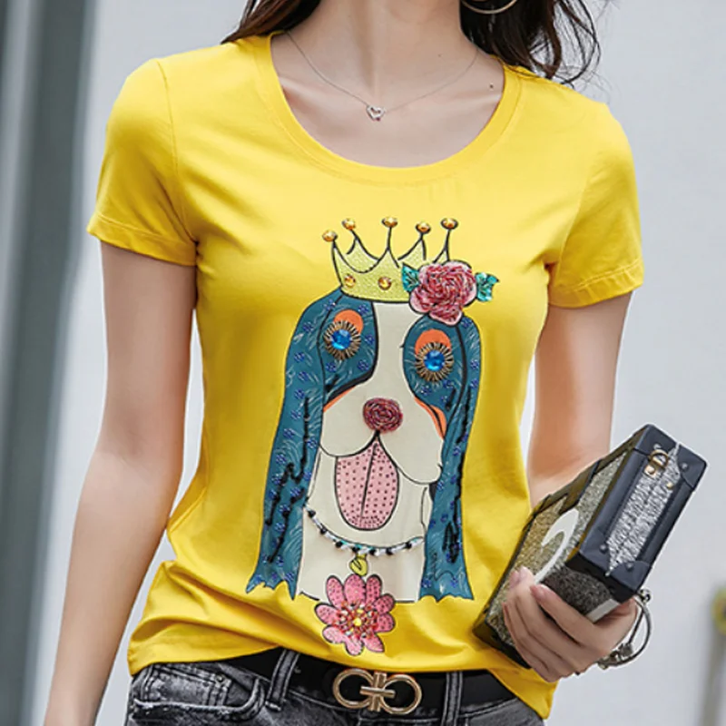 2019 женские ручной стразы из бисера с коротким рукавом футболки Женский Алмаз Топ