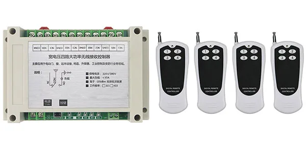 

AC220V 250V 380V 30A 4CH RF Wireless Remote Control Switch System Transmitter+Receiver,315/433 MHZ /lamp/ window/Garage Doors