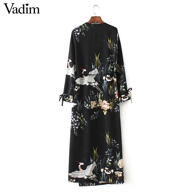 Vadim flower crane pattern maxi wrap dress v neck retro sashes bow tie long sleeve vintage bird chic loose casual Vestidos | Женская