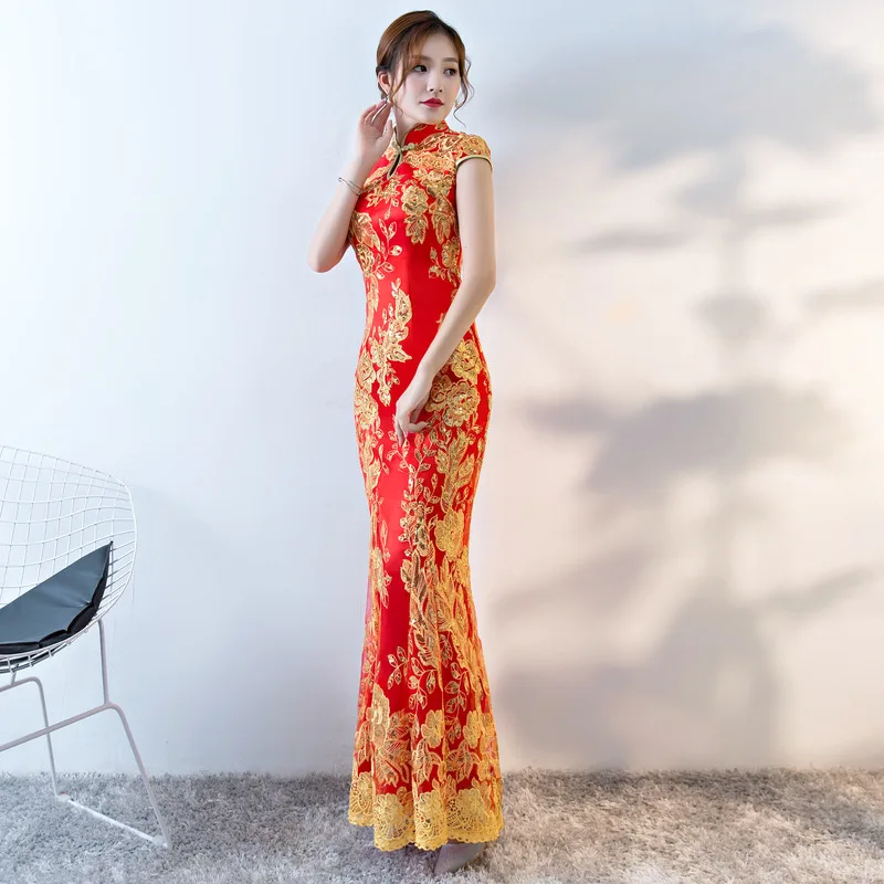 Китайское традиционное платье женское тонкое Cheongsam вышивка блестками современные восточные длинные Qipao вечерние платья