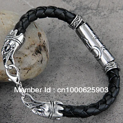 Модный мужской браслет из черной кожи с оплеткой тибетского серебра манжета на