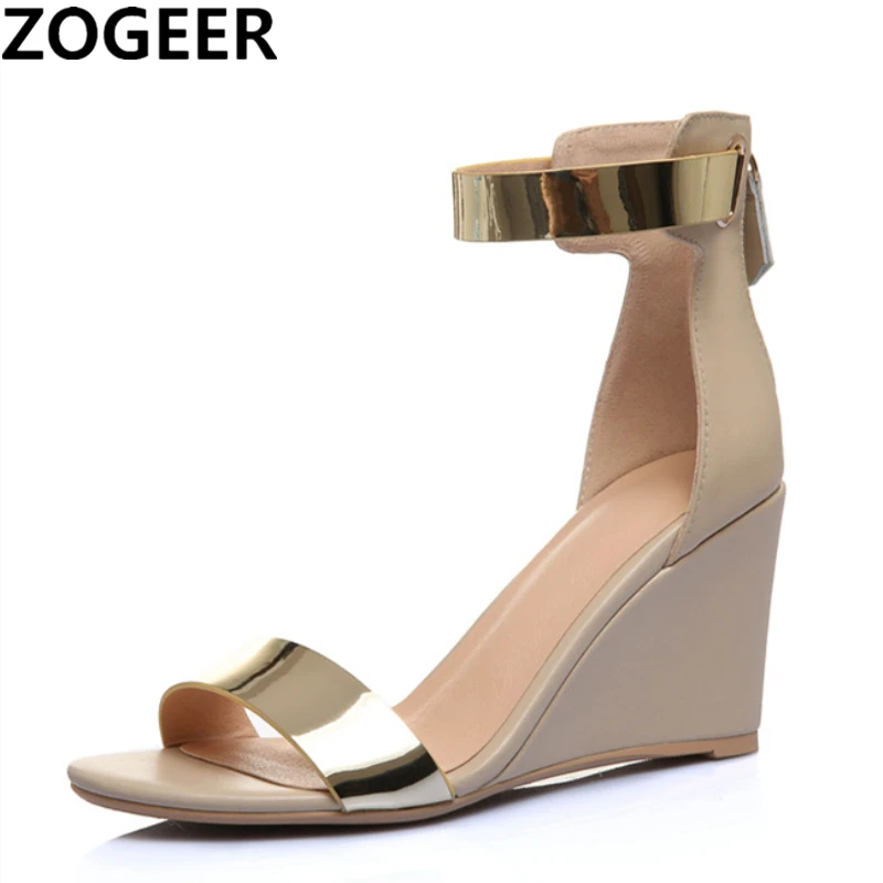 Летние женские босоножки из натуральной кожи Босоножки на высокой танкетке с