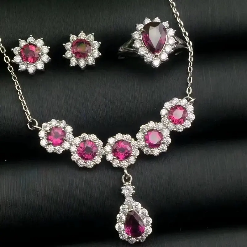 Верность природный гранат S925 серебро Fine Jewelry Набор для женщин Свадебные натуральный фиолетовый камень серьги кольца кулон