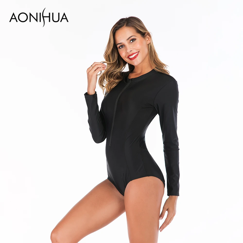 Aonihua 2019 Новые поступления Твердые Цвет Одна деталь купальник передняя молния с Pad