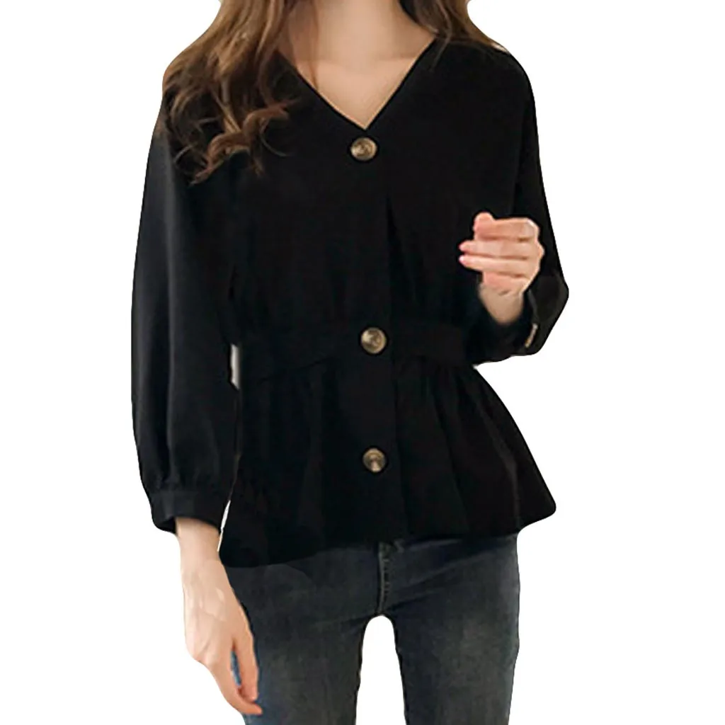 Рубашка женская с длинным рукавом и треугольным вырезом однотонная черная