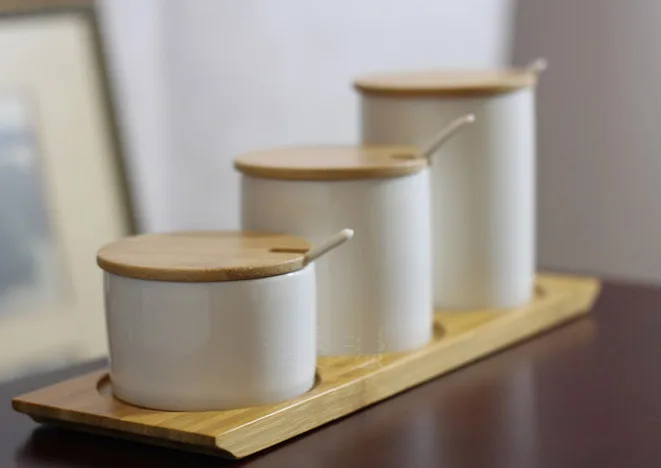 

1Set New KEYAMA Bamboo cover and white ceramic bottle sauce pot set Kitch storage condiment bottles Spice storage jars Sauce pot