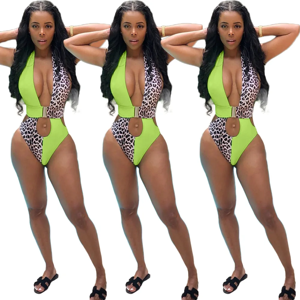 Леопардовый принт, сексуальный женский комбинезон с открытыми плечами и открытой спиной, цельный комбинезон, Летний Пляжный Купальник с резинкой на талии