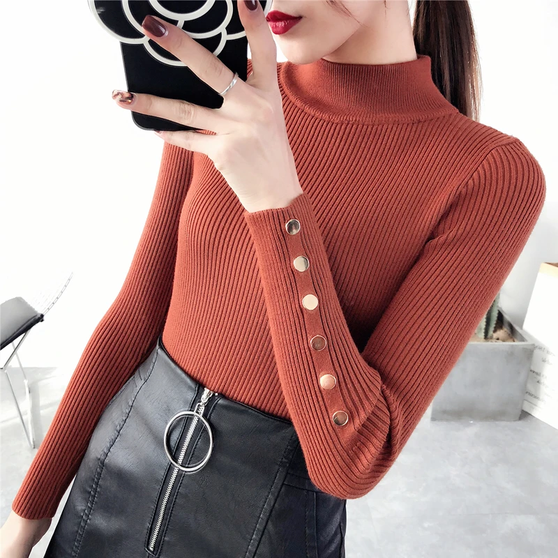 OHCLOTHING 2020 New Fashion half Korean Spring button Sleeve sweater Lady Female Tops Women knitted Turtleneck Pullover | Женская одежда