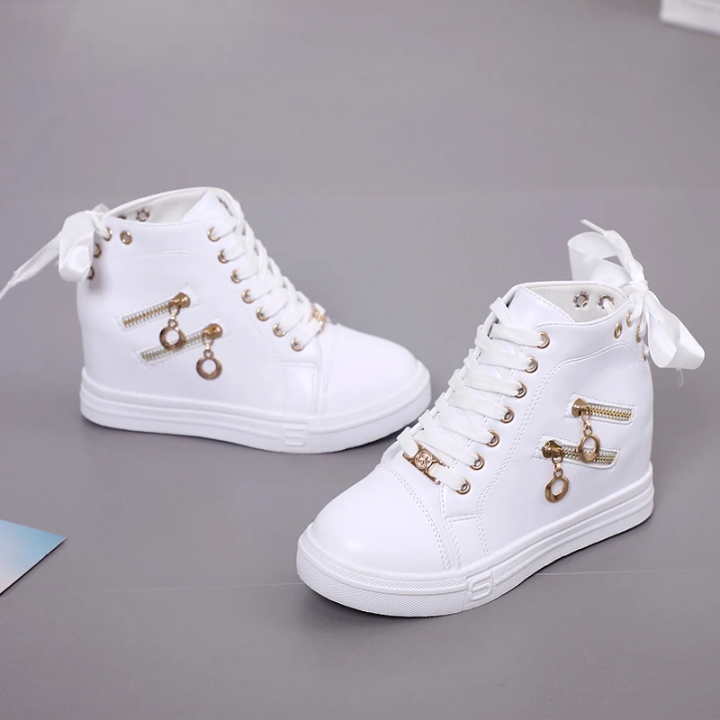 2019 New Autumn Waterproof Wedges Woman Casual Metal Zipper Shoes Platform Heels Female Leisure Black &amp White Women Sneakers | Обувь
