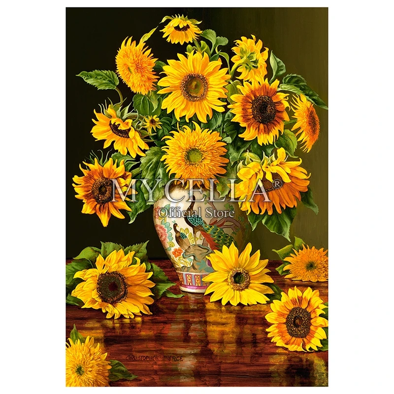 

Full 5D Diy Diamond Painting Sunflowers in a Peacock Vase sunflower Rhinestone Diamond Embroidery Mosaic Home Decor gift Posters