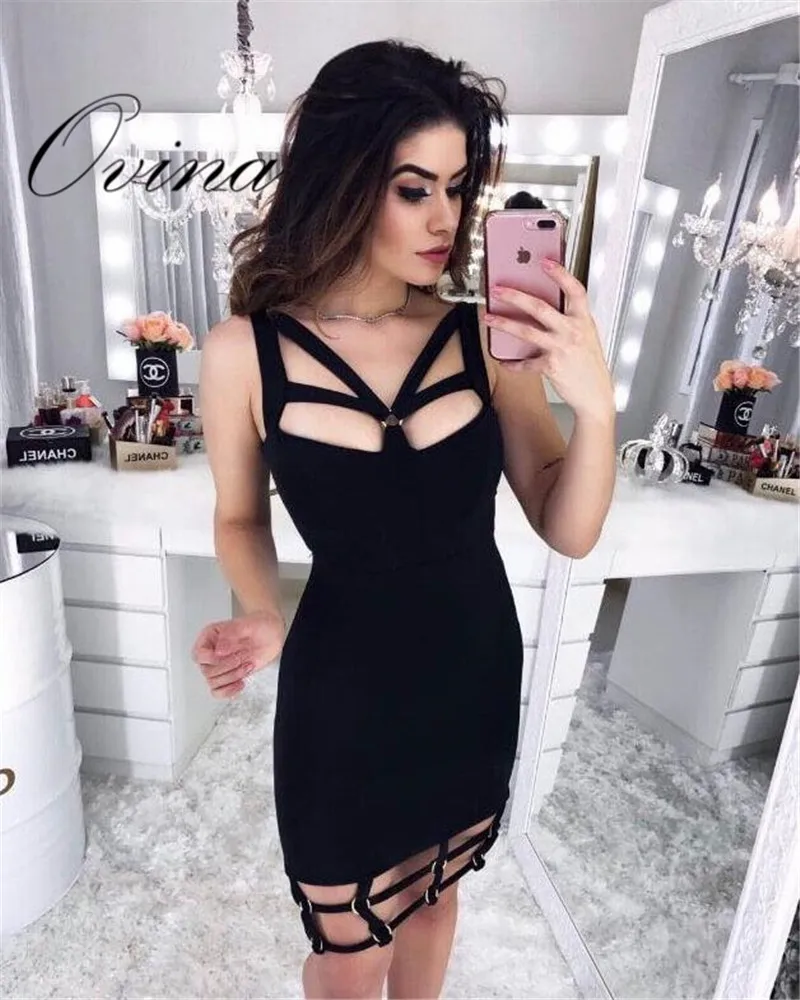 

Black Celebrity Strap Sleeveless Striped Hollow out Rayon Bandage Dress Women Dress Night Party Dress