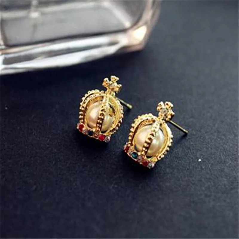 Большие серьги гвоздики в стиле ретро с имитацией жемчуга виде короны CED315|stud