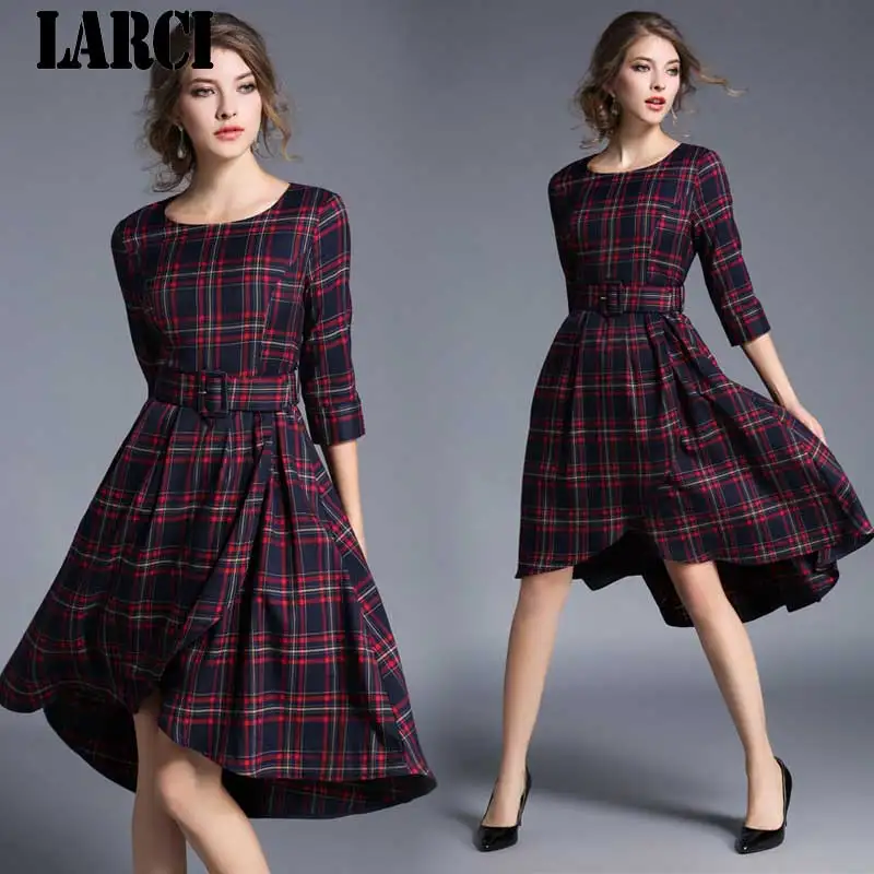 LARCI мода плед длиной до колен платье женское 3/4 с круглым вырезом es красивый