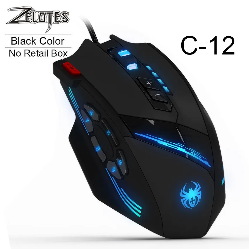 Black No Retail Box ZELOTES C-12 Проводная игровая мышь USB оптическая 12 программируемых кнопок компьютерная игровая мышь 40000 dpi Регулируемый светодиодный фонарь для геймера - Цвет: Black No Retail Box