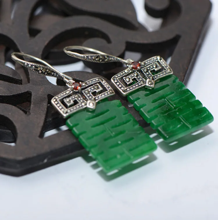 Retro Elegance Female Earrings 925 Sterling Silver Inlay Natural Jade Gemstone Lucky Zirconia Drop For Women 2018 | Украшения и