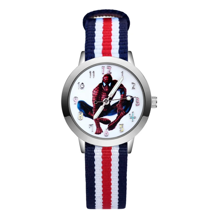 Blue white red Модные детские часы с милым рисунком Человека-паука; кварцевые нейлоновые наручные часы для мальчиков и девочек; JA75 - Цвет: Blue white red