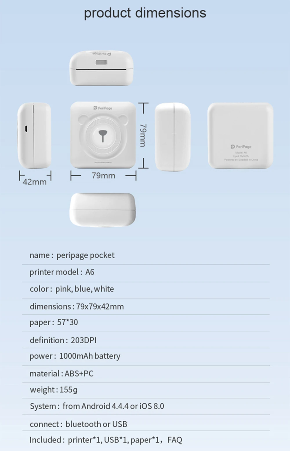 PeriPage 58 мм Мини Портативный Bluetooth беспроводной фотопринтер карманная термопечать USB соединение POS Термальный фотопринтер